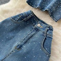 Denim Pant Set Women Two Piece Sets Sexy Matching Sets Sleeveless Short Tops Long Flare Pants High Waist Slim Hot Diamond