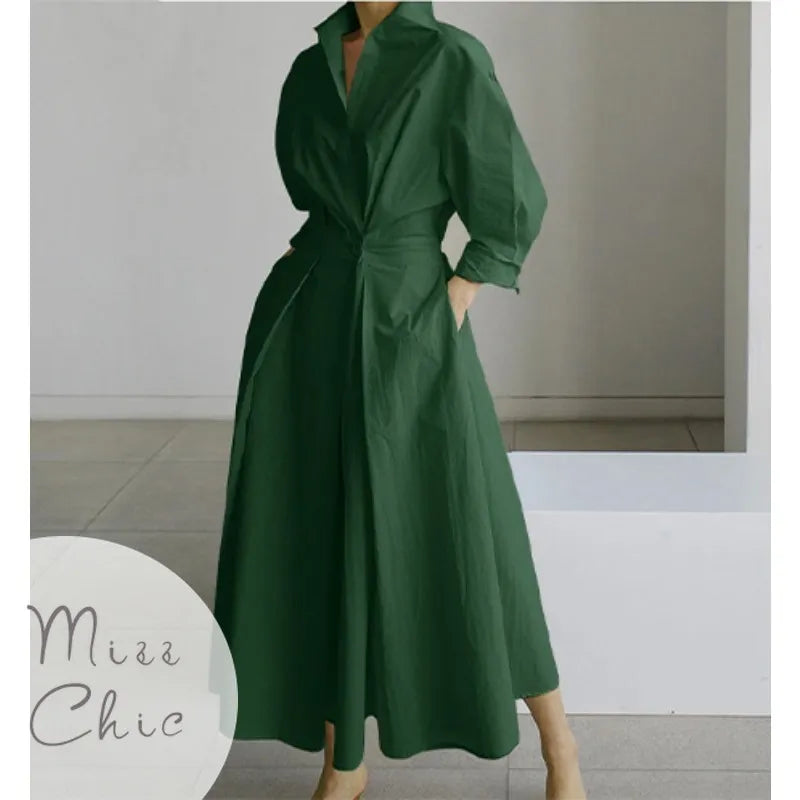 S-5XL Korean Fashion Long Sleeve Shirt Dress Chic Turndown Neck Ruched Maxi Dress Women 2022 Autumn Winter Clothes Streetwear