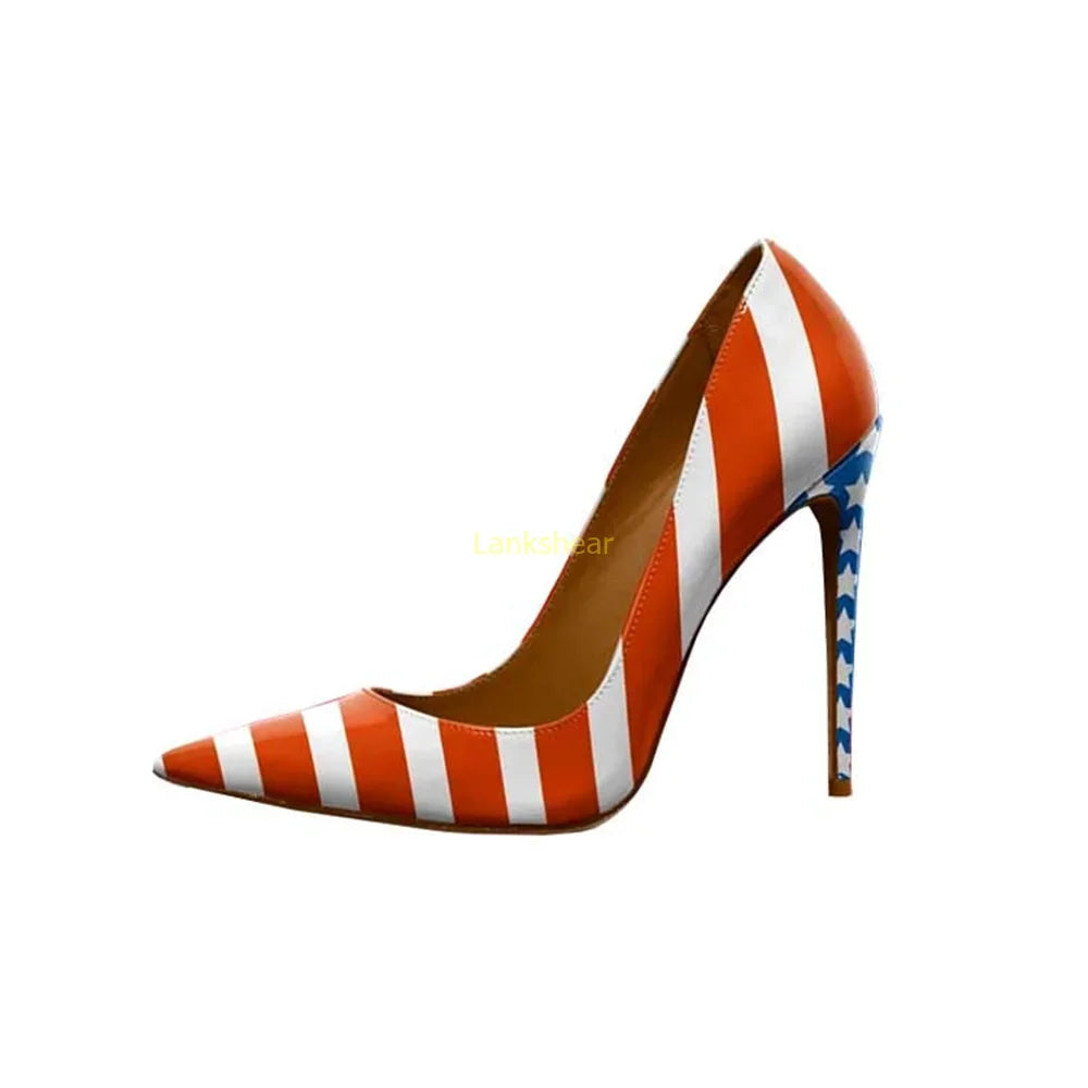 American Flag Prints Pointed Toe Pumps Sexy Thin Heel Mixed Colors Slip On New Arrivals Fashion Women High Heels
