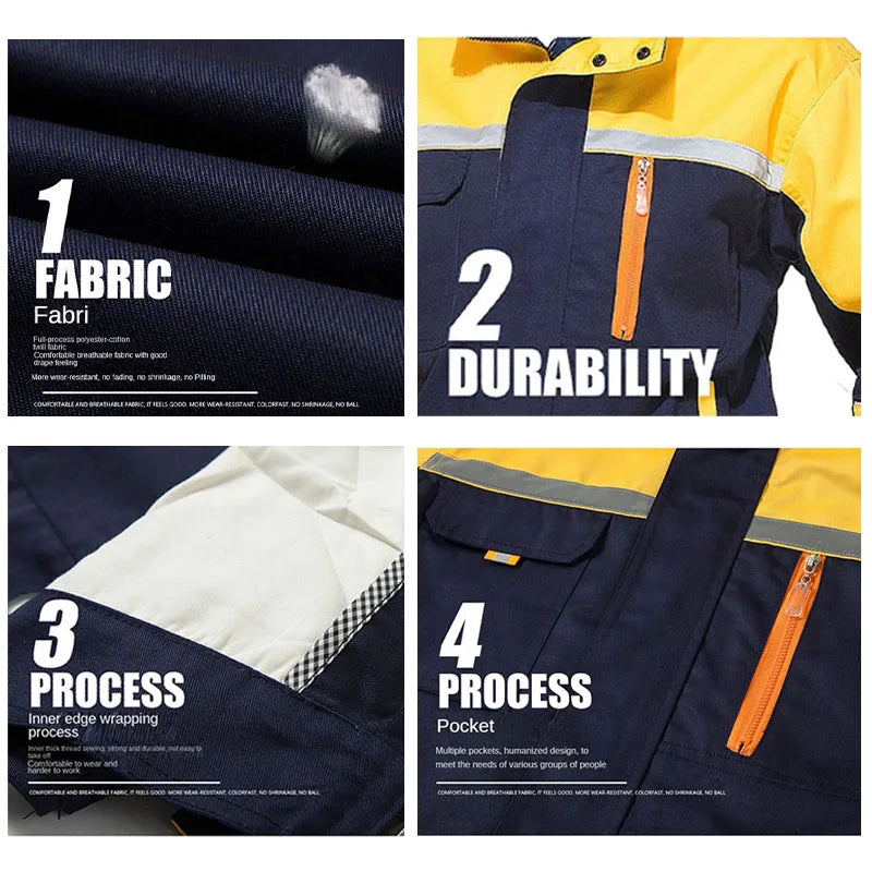 Mens Factory Work Shirt Uniform Long Sleeve Turn-Down Collar Workwear Motor Mechanic Repair Workshop Two-pocket T-shirts Tops
