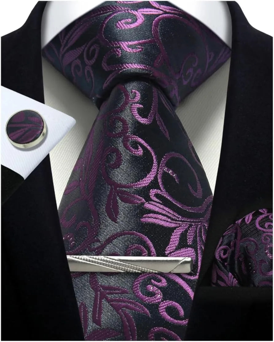 Mens Tie Set Silk Silver Paisley Floral Necktie and Pocket Square Cufflinks Tie Clip Classic Formal Ties for Men Wedding Party