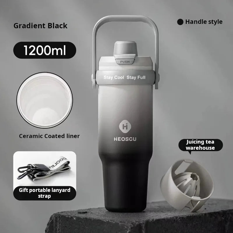 1pc Stainless Steel Ice Tumbler 1200ml Insulated Cup With Handle & Straw Keeps Cold For 24 Hrs Car Insulation Cup Coffee Water