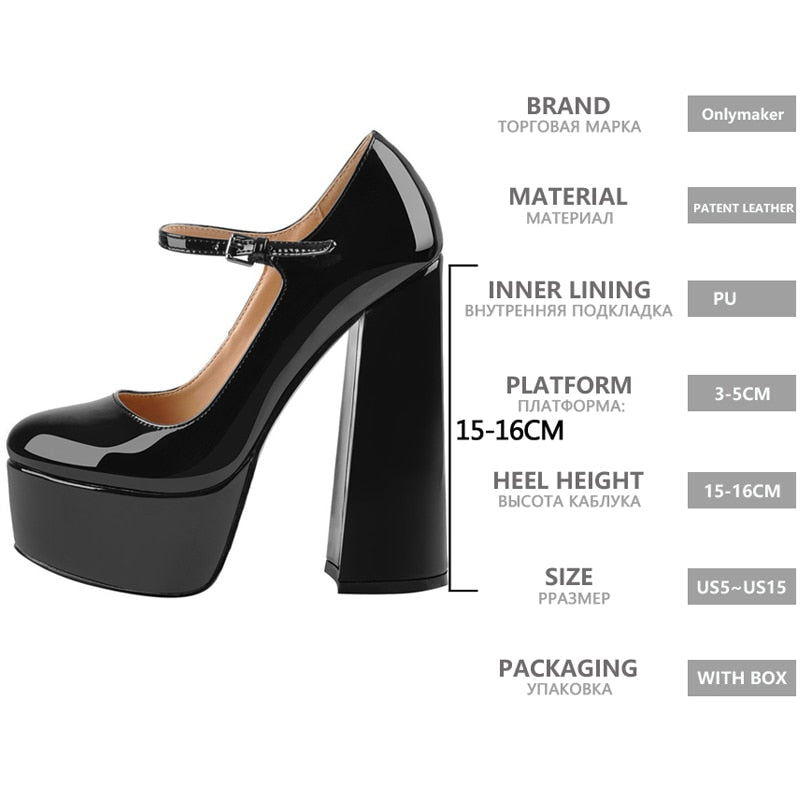 Onlymaker Women Pumps Mary-Jane Platform Black Pink Chunky 16CM High Heels Ankle Strap Dress Party Hoof Heel Plus Size Shoes