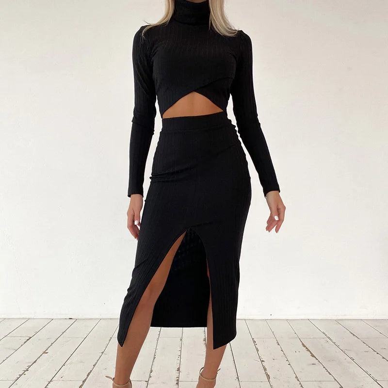 2022 Women's Solid Color Knitted Ribbed Cross Short Top and Split Skirt Suit Split Pleated Skirt Long Sleeve Suit Ladies Autumn