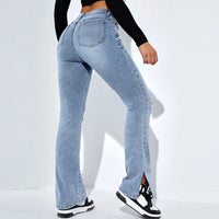 Women'S Fashion Ripped Foot Side Slit Slim Stretch Pants Jeans Pantalones De Mujer CalçA Pantalona Feminina брюки женские