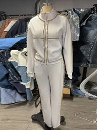 Women's Pants Set Round-Neck Tops Pearl-Trim Wide-Leg Fashion Oversized Elegant 2-Piece Outfit Spring New Fashion Woman Clothes