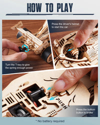 Robotime Rokr 3D Wooden Racing Car Puzzle DIY Model Kit for Adults & Teens, Mechanical Roaring Engine, 8-10M Forward Movement
