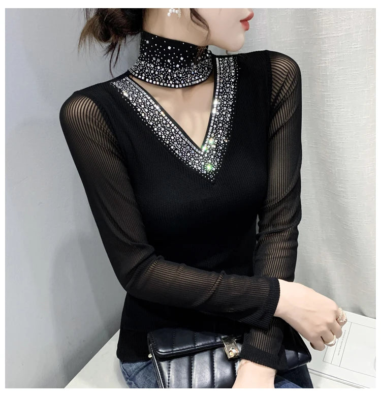 New 2025 Spring Autumn Long Sleeve T-Shirt Fashion Casual Turtleneck Diamond Woman Tee Elegant Slim Women's Tops Blusas