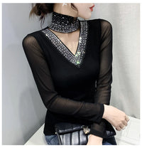 New 2025 Spring Autumn Long Sleeve T-Shirt Fashion Casual Turtleneck Diamond Woman Tee Elegant Slim Women's Tops Blusas