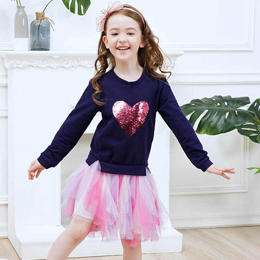 DXTON Princess Kids Dress Heart Sequined Girls Dress Winter Long Sleeve Children Clothing Tutu Flare Sleeve Kids Party Dresses