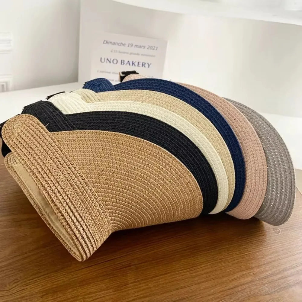 New High Quality UPF50+ Wide Brim Visor Hat for Women Straw Beach Sun Visor Foldable Ponytail with UV Protection Summer Anti-UV