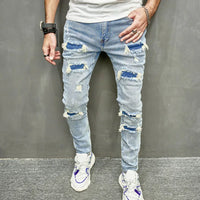 Street Stylish Men Holes Patch Skinny Pencil Jeans Pants Male Ripped Solid Slim Denim Trousers For Men's