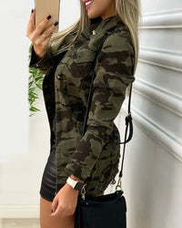 Camouflage Print Buttoned Pocket Design Coat  Jacket Women Bomber Y2k Coats Autumn Outerwear Streetwear Windbreaker Motorcycles