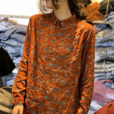 Cotton and Linen Spring New Artistic Retro Printed Shirts for Women Fashionable and Versatile Slimming Tops for Women