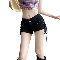 American Retro Black Sexy Mini Jean Shorts Women Y2k Summer New Low Wasit Micro Short Jeans Woman with Bandage Korean Fashion