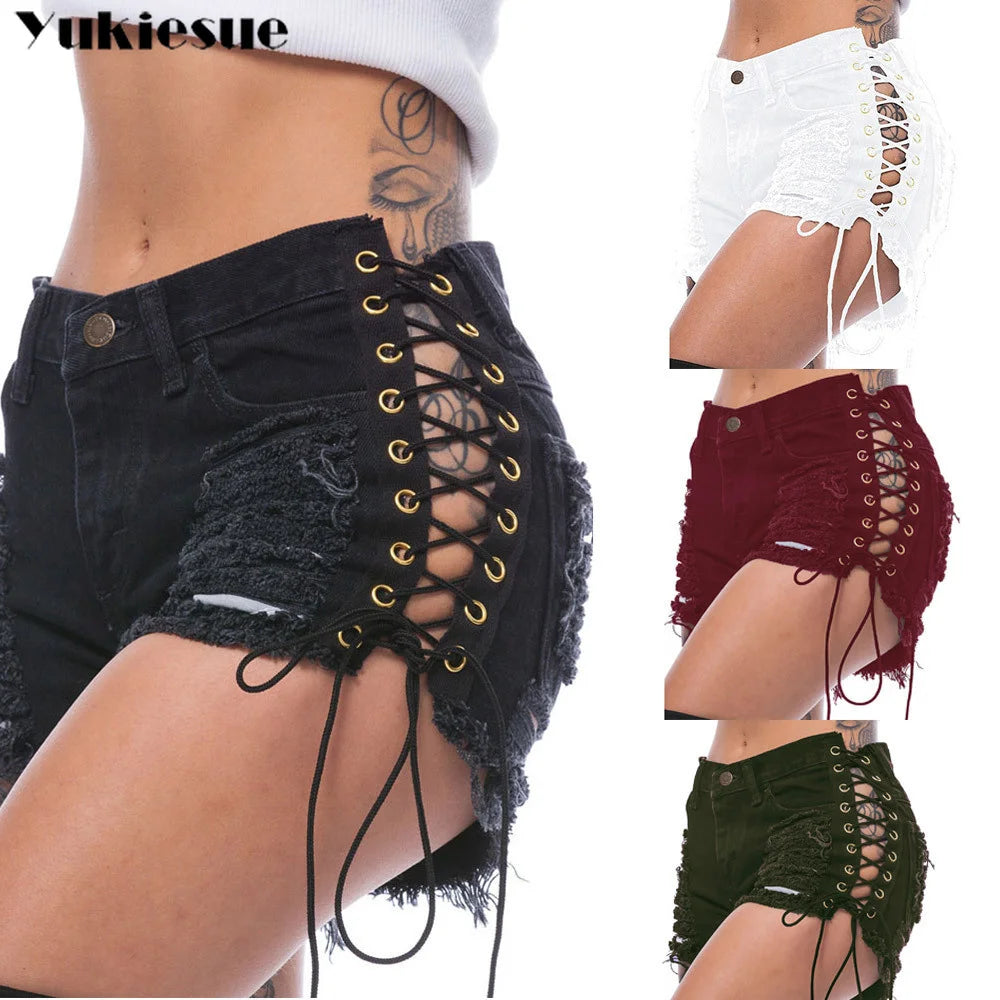 harajuku high waist sexy casual jean shorts women's summer denim Shorts for women Woman lace up  jeans short woman hot pants