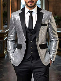 Shiny Sequin Tuxedo Jacket for Men - Royal Blue & Gold Gradient, Black Lapel, Formal Party/Wedding/Stage Wear‌ Coat.