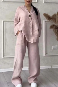 Women's Cotton and Linen Pants Suit Casual Solid Pullover Pants 2-piece Set White Pink Simple Wide Leg Pants Two Piece Set Suits