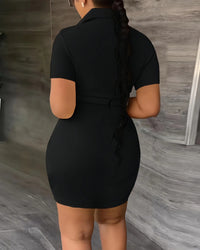 Sexy Women's Dresses 2023 Summer Fashion Solid Color Lapel Short Sleeve Casual Pocket Design