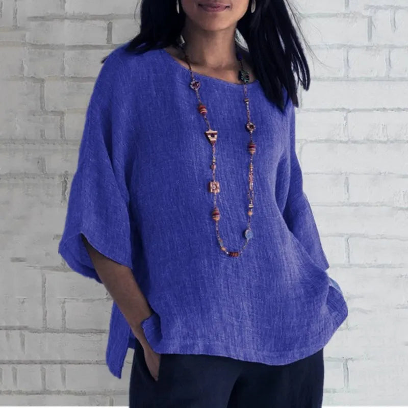 Cotton Blouse Shirts Summer O-Neck Three Quarter Loose Casual Blouse Tops Summer Cothes For Women Streetwear