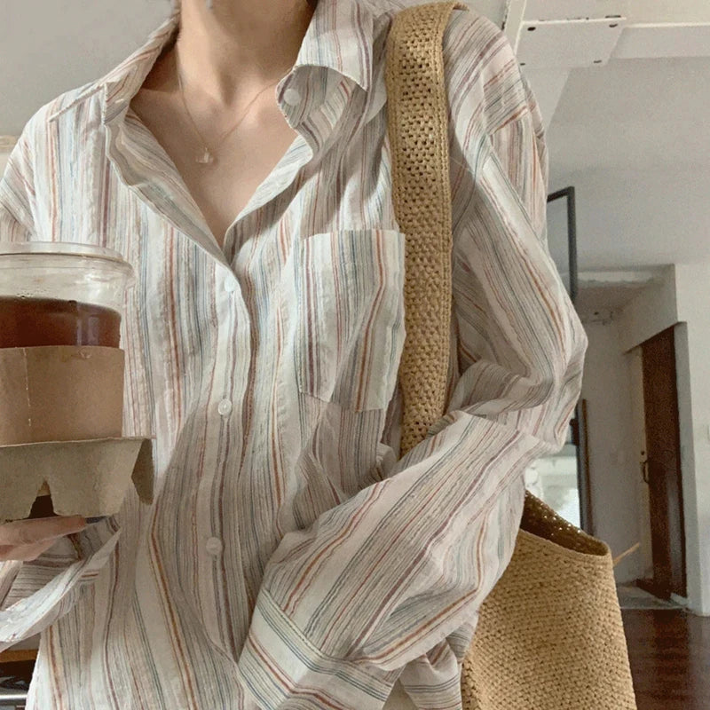 MEXZT Vintage Striped Shirts Women Korean Fashion Simple Long Sleeve Turn Down Collar Blouse Office Lady Casual Loose Thin Tops