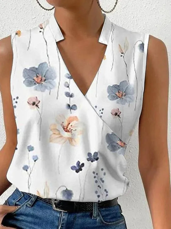 Fashion V-neck Sleeveless Print Women Tops And Blouses 2023 Summer Casual White Tank Top Femme Shirt Blouse