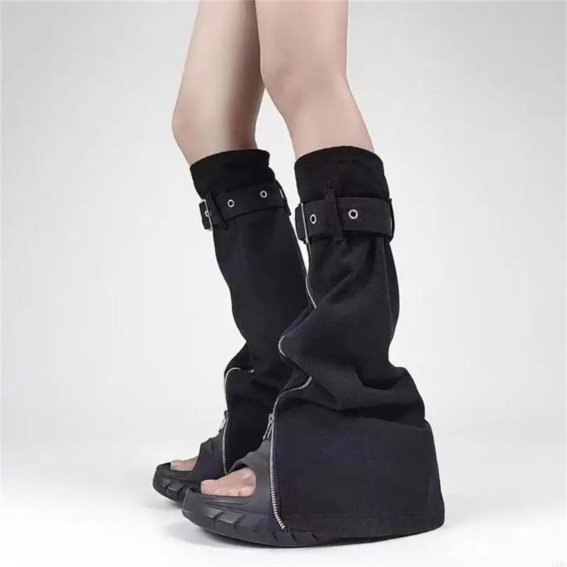 Women Jeans Black Leg Warmers with Buckled Straps Punk Denims Flared Boot Cover Slit Zippers Baggy Long Socks Streetwear