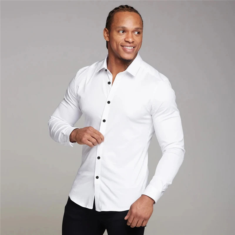 New Autumn Fashion Mens Solid Color Turn-down Collar Button Super Slim Fit Shirts Spring Long Sleeve Business Dress Shirt