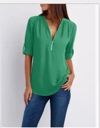 2025 Hot Sale Women Cool Loose Shirt Deep V Neck Chiffon Fashion Blouse Casual Ladies Tops Sexy Zipper Pullover Plus Size