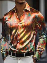 Men's long sleeved shirt, retro patterned 3D printed design, men's lapel button loose and comfortable casual vacation plus size