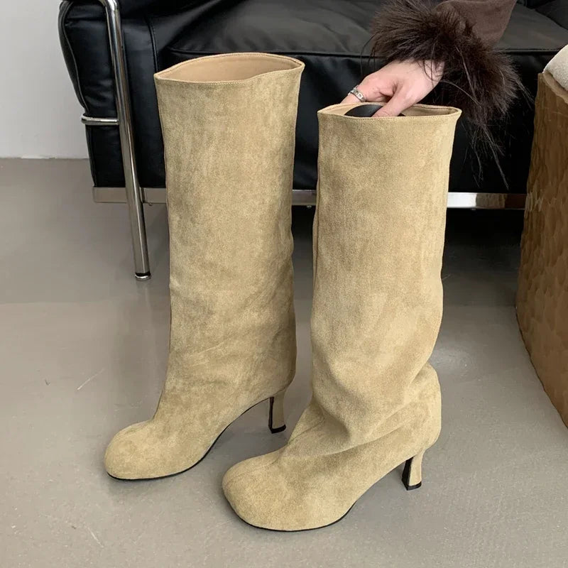 Autumn Winter Round Toe Women Knee-High Boots Punk Style Thin High Heels Shoe Comfort Faux Suede Female Long Booties botas mujer