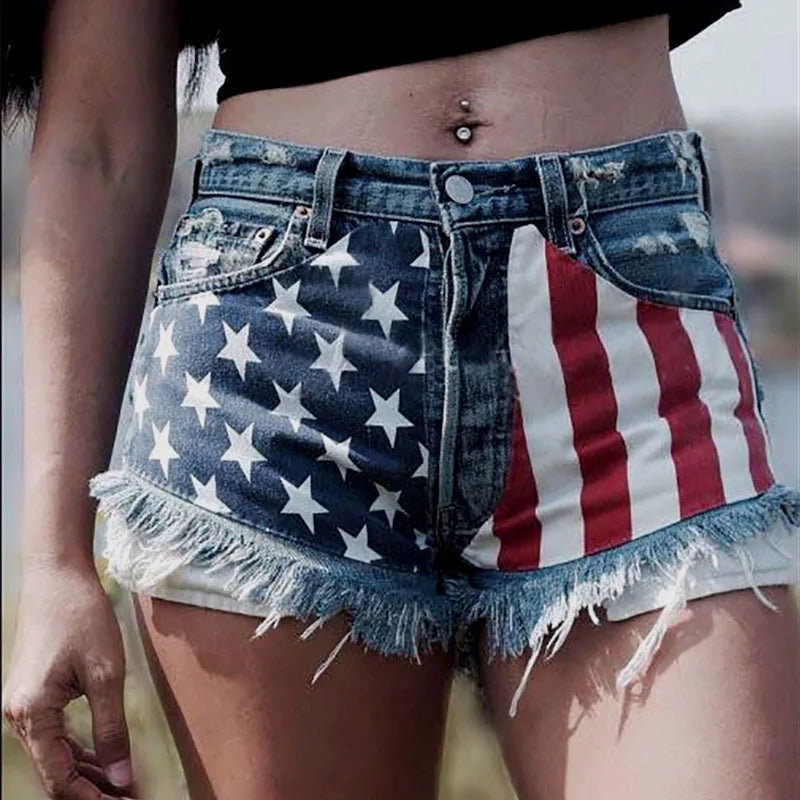 Jeans! American Flag Fringe Star Print Denim Shorts Trend Hot Pants Biker Shorts Women  Sexy Short Jeans Women