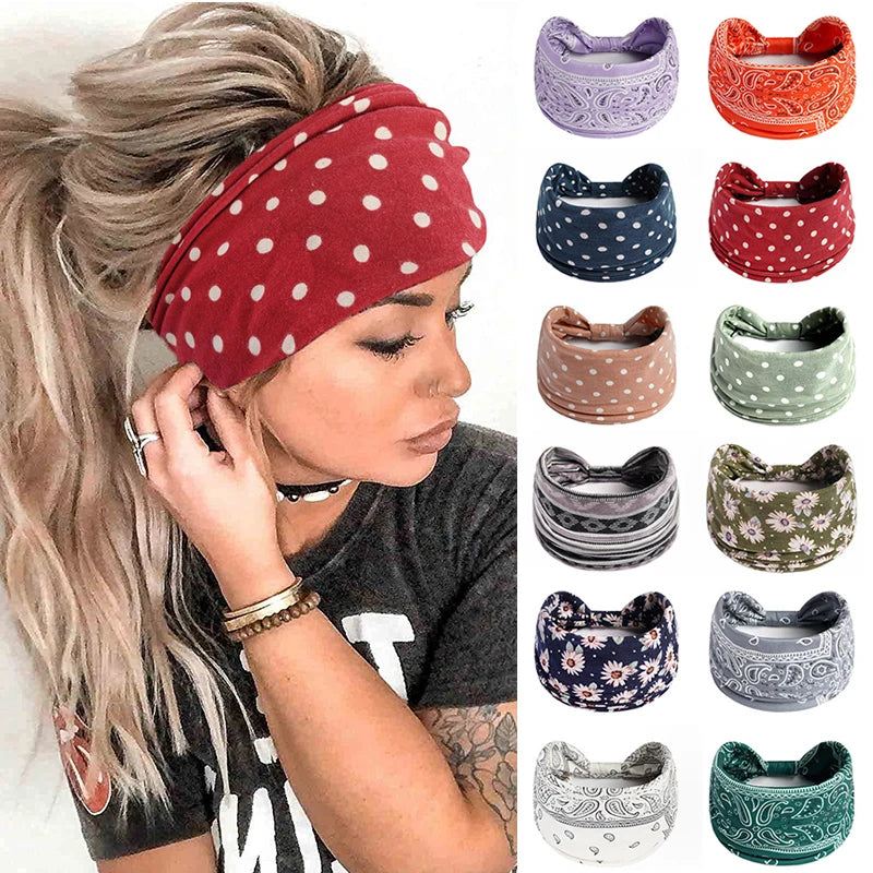 1PCS Boho Flower Print Wide Headband Cotton Soft Bandana Headpiece Hair Accessories For Women Hair Bands DIY Headwear Hairband