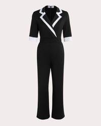 Women's Jumpsuit Contrast Trim Lapel Collar Half Sleeve Wrap Front Elegant Spring Summer Office Work One Piece Romper