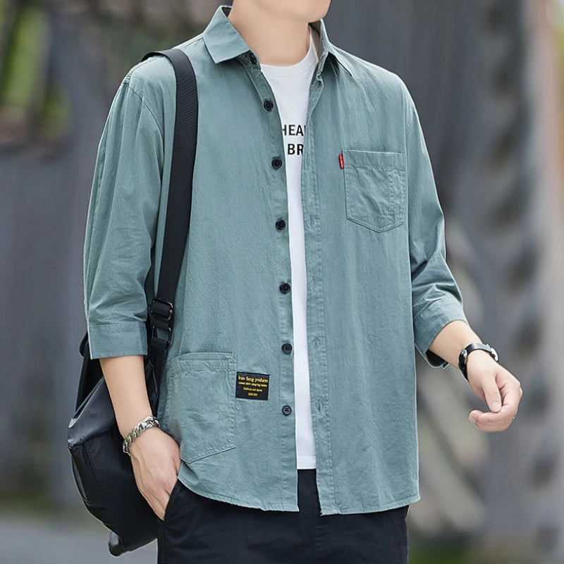 Men shirts Summer Men's clothing Short-Sleeved shirts & blouses Daily Solid Color Stand-Up Collar Casual Beach Style Male Shirt