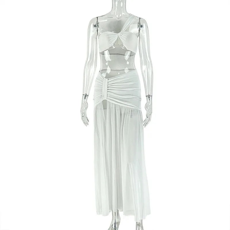 Women's One-Shoulder Strap Crop Bra Tops & Gauze Spliced Draped Split Long Skirt, 2pcs Set