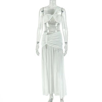 Women's One-Shoulder Strap Crop Bra Tops & Gauze Spliced Draped Split Long Skirt, 2pcs Set