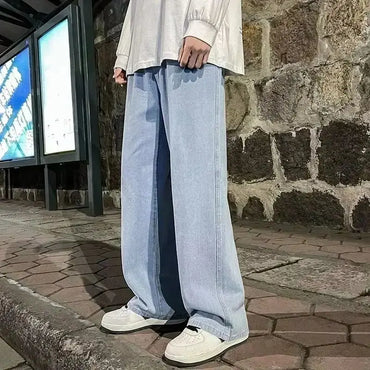 Autumn Korean Fashion Baggy Jeans For Men Classic Drawstring Straight Wide-leg Denim Pants Casual Y2K Vintage Jean Trousers