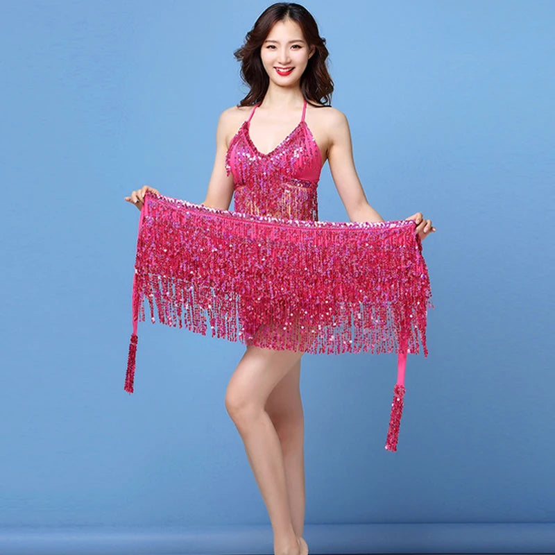 Belly Dance Top Bra Belt Set Latin Sequin Fringe Halter Hip Skirt Sexy Party Costume 4 Layer Tassel Stage Performance Cloth Wear