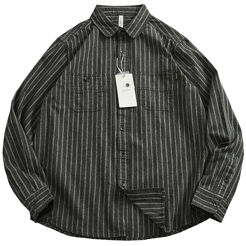 Spring Vertical Striped Brushed 100% Cotton Washed Casual Long Sleeve Shirt Men's Retro Top Versatile Soft Workwear Shirt Coats