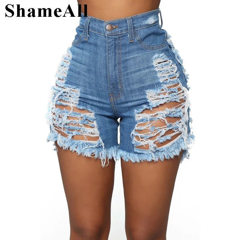 Plus Size Sexy Ripped Tassel Denim Shorts 5XL High Waist Boyfriend Street Torn Hollow Out Hotpants Baggy Cut Out Hole Short Jean