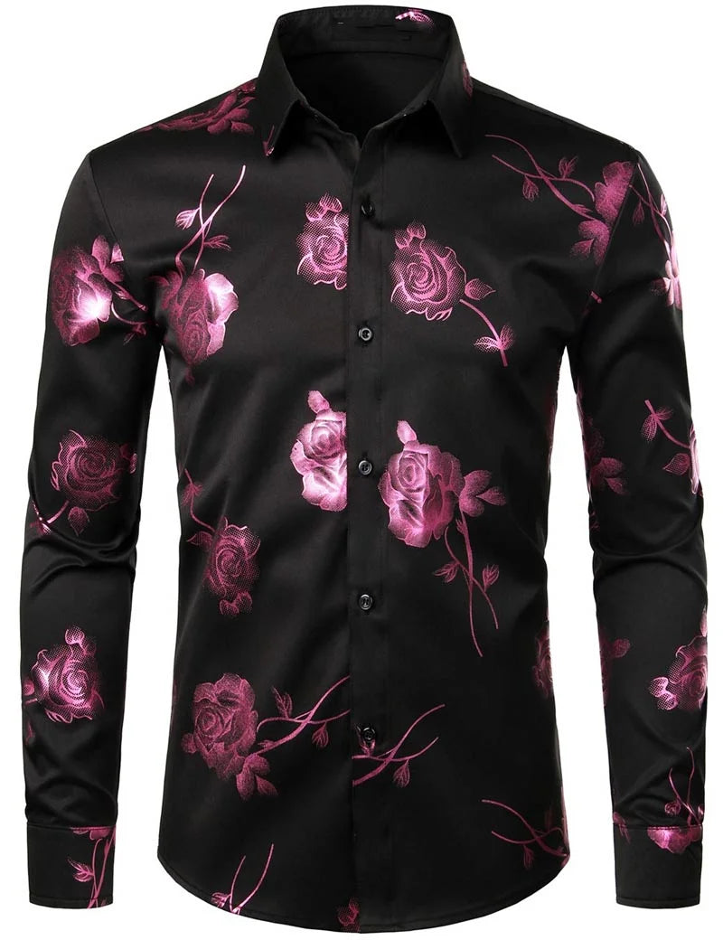 Mens Gold Rose Floral Print Shirts Brand Floral Steampunk Chemise White Long Sleeve Wedding Party Bronzing Camisa Masculina New
