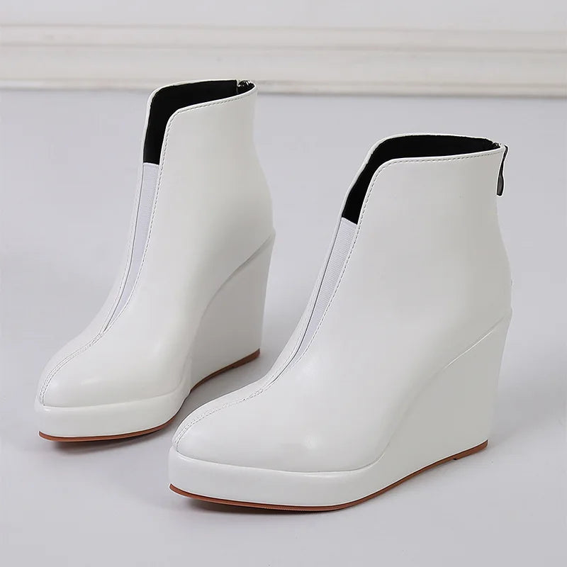 New Autumn Early Winter Shoes Women Ankle Boots Platform Fashion Ladies Wedge Heels 10cm Pure Black White Big Size 42