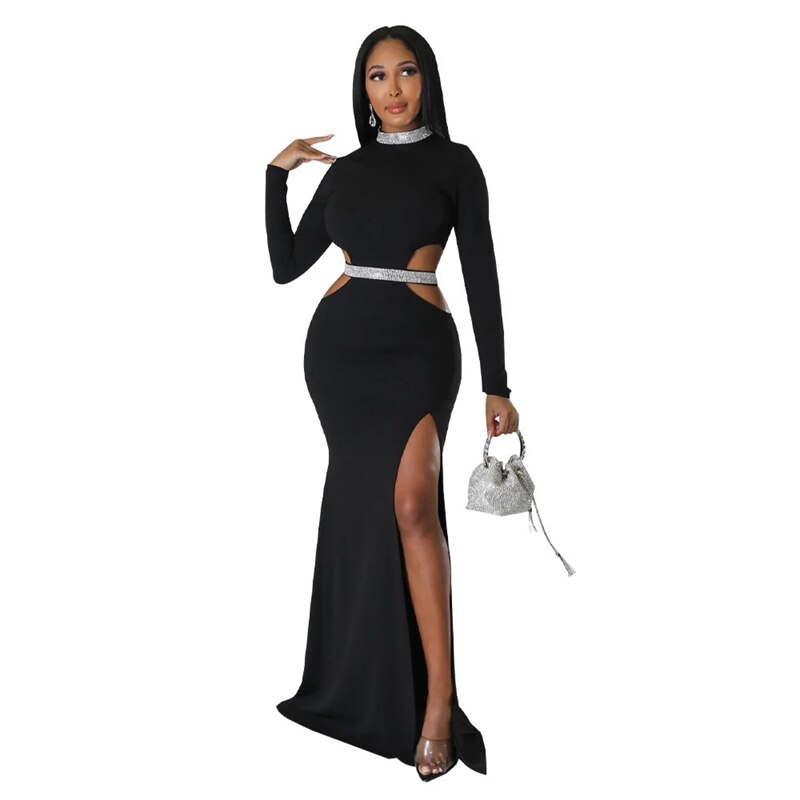 Female Autumn Winter Long Maxi Dress Cutout Waist High Side Split Long Sleeve Dresses Vestidos Sexy Elegant Party Clubwear