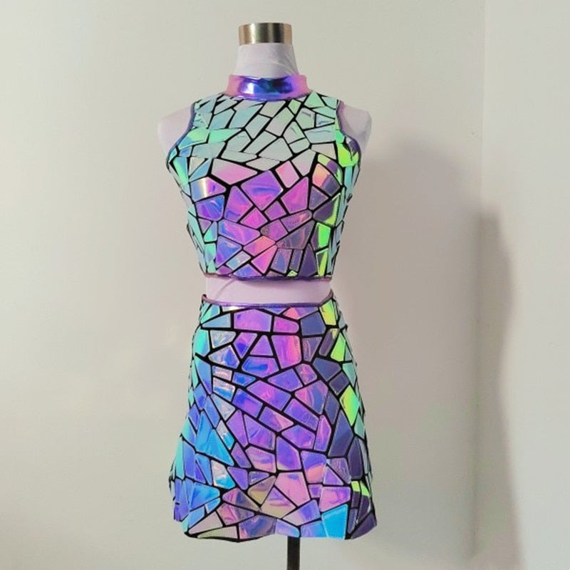 Purple Blue Laser Mirror Sequins Sleeveless Short Dress Women Singer Dancer Bar Nightclub Stage Wear Birthday Prom Show Costume