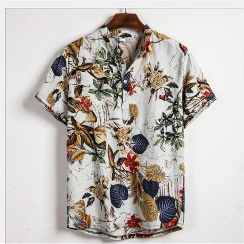 Summer Men's T-irts ort Sve Flip-Collared Stand Fit Casual irt Youth Trendy Floral Print ket Detail Iron-Free
