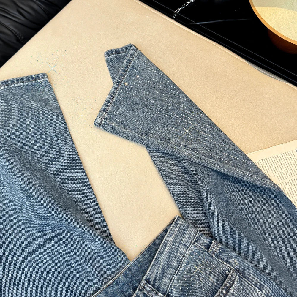 Women's Jeans Spring Retro Washed Diamond-encrusted Design Sense High-waisted Straight-leg Pants Loose Wide-leg Mopping Pants