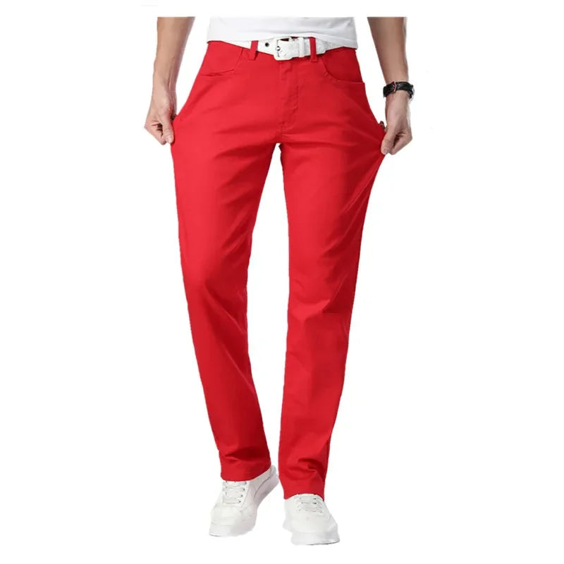 White Jeans Men Plus Size 36 38 40 Loose Oversized Red Trousers Stretched Denim Mens Casual Slim Fit Straight Elastic Man Pant
