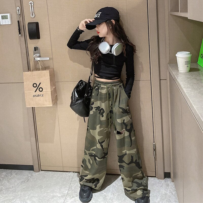 Girls Set Slim Tops Ripped Camouflage Pants Dance Two Piece Autumn Teenager Kids Sportswear 12 13 14 Years Children's Clothing