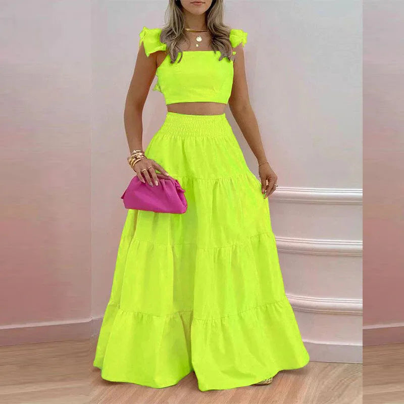 Spring Summer New Comfortable and Versatile Simple Mid Waist Sexy Strap Skirt Solid Color Fashion Set Women's Two Piece Set